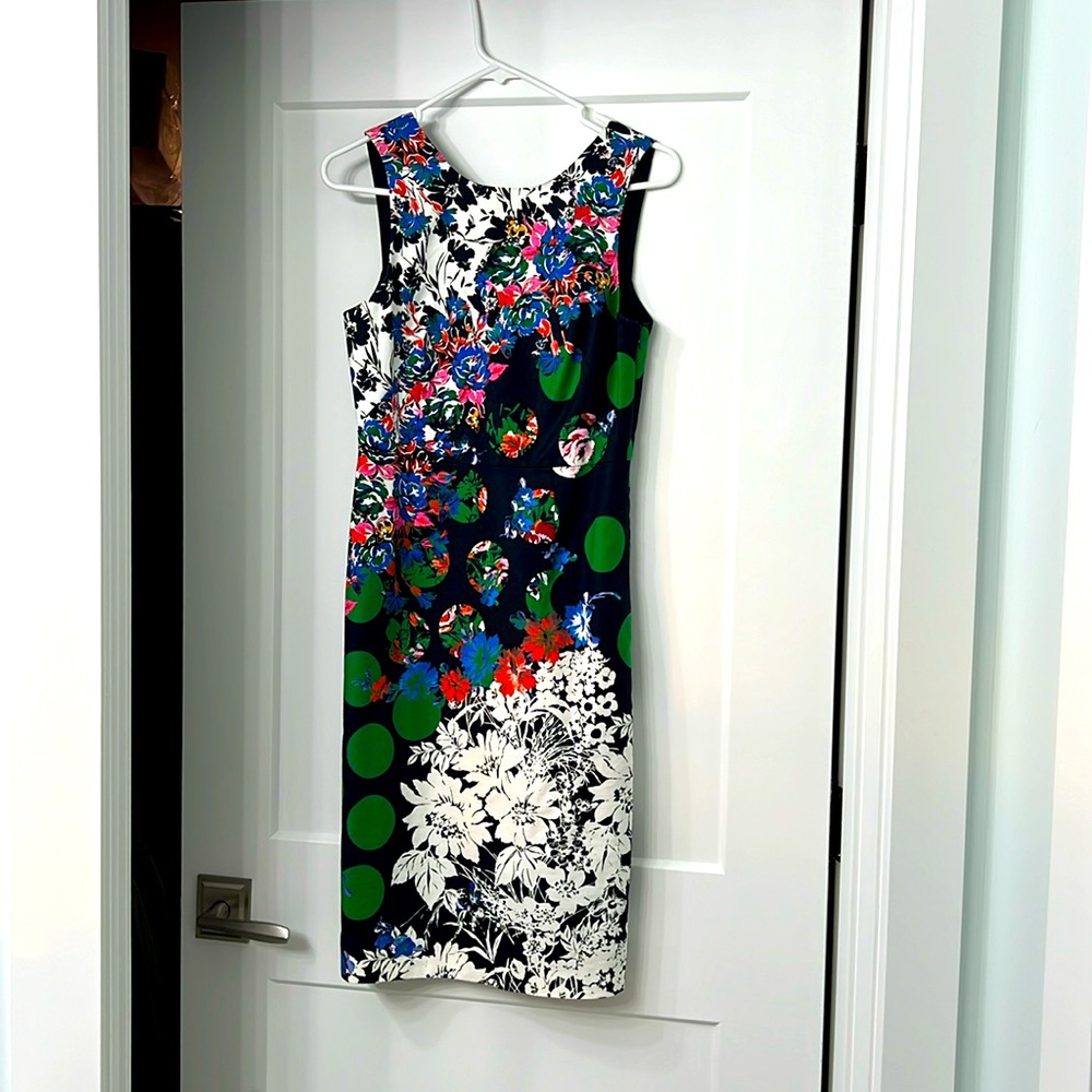 Anthropologie Maeve Sz 4 Vanda Navy Floral Green Polka Dot Pencil Dress - Picture 2 of 6